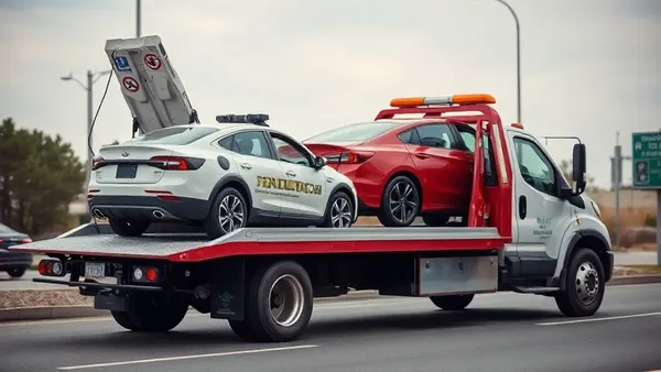 Guincho plataforma transportando carro elétrico com rodas suspensas do chão
