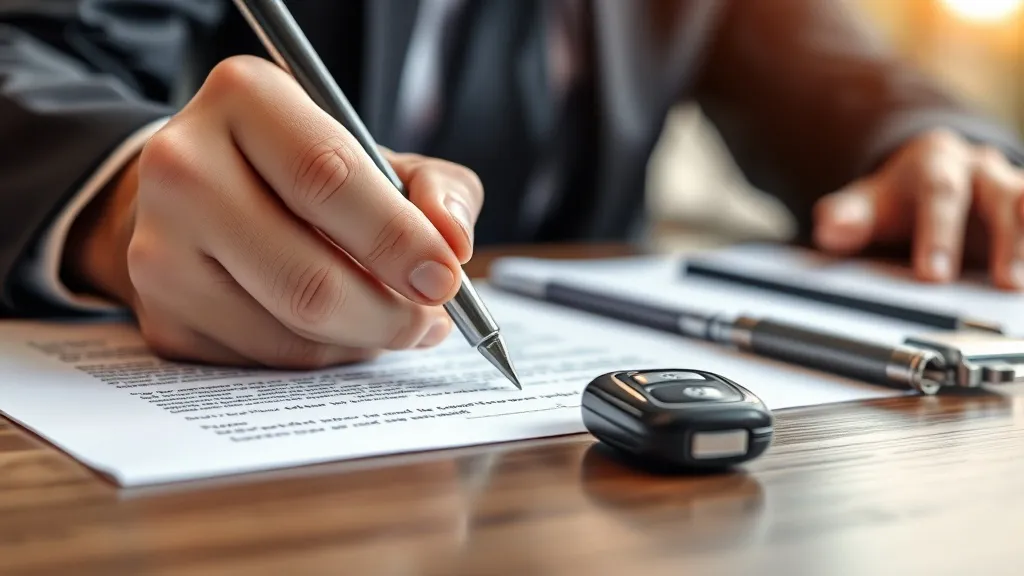 Pessoa assinando contrato de carro com chave de veículo elétrico sobre a mesa do escritório