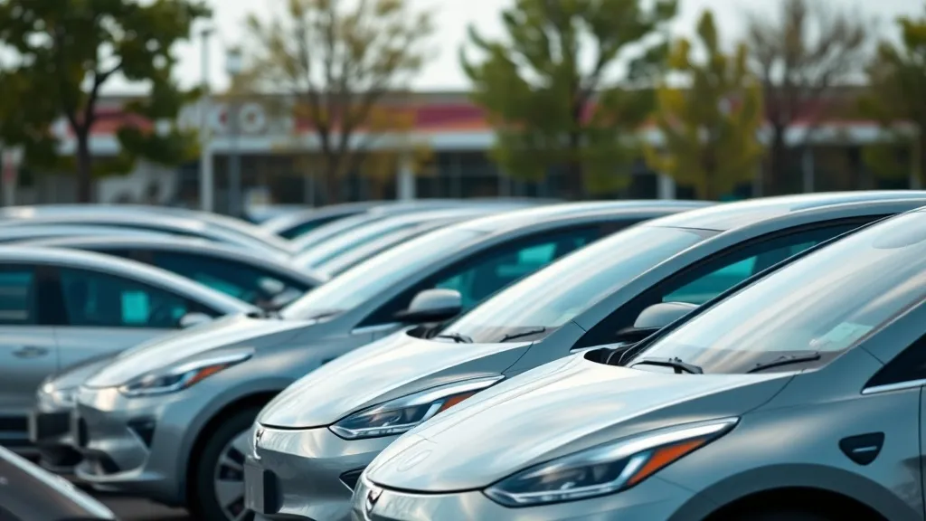 Frota de carros elétricos de empresa estacionados no pátio corporativo durante o dia
