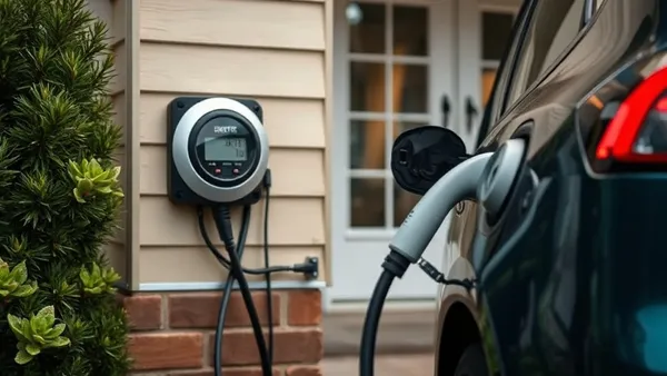 Medidor de energia residencial ao lado de carro elétrico carregando em casa