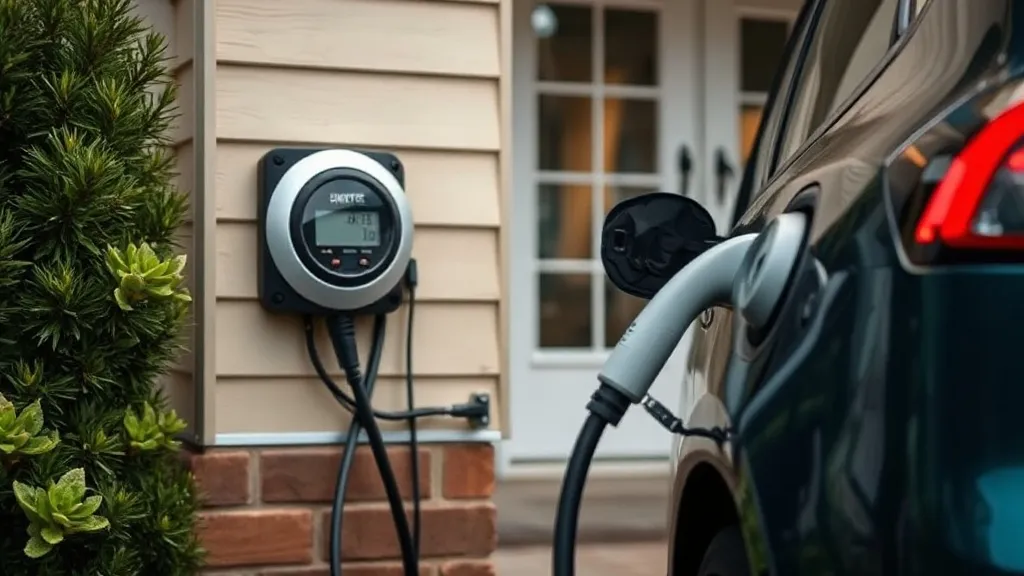 Medidor de energia residencial ao lado de carro elétrico carregando em casa
