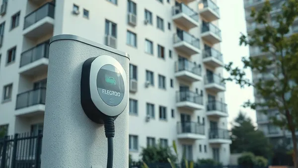 Carro elétrico conectado a carregador em garagem de condomínio com medidor elétrico individual visível