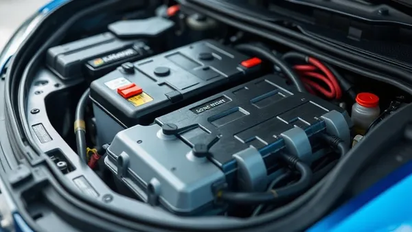 Pacote de bateria de carro elétrico em bancada de oficina autorizada durante procedimento de substituição