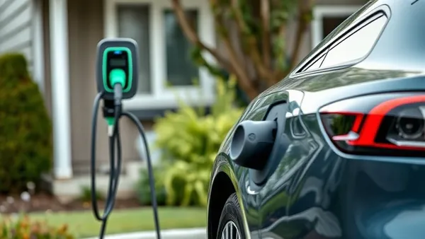 Carro elétrico conectado a carregador residencial em garagem de casa com painel solar ao fundo