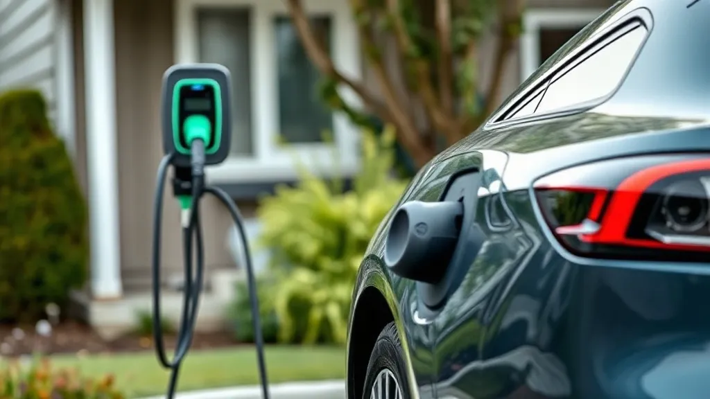 Carro elétrico conectado a carregador residencial em garagem de casa com painel solar ao fundo