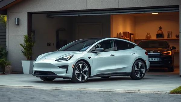 Carro elétrico compacto estacionado na garagem de uma casa de família como segundo veículo