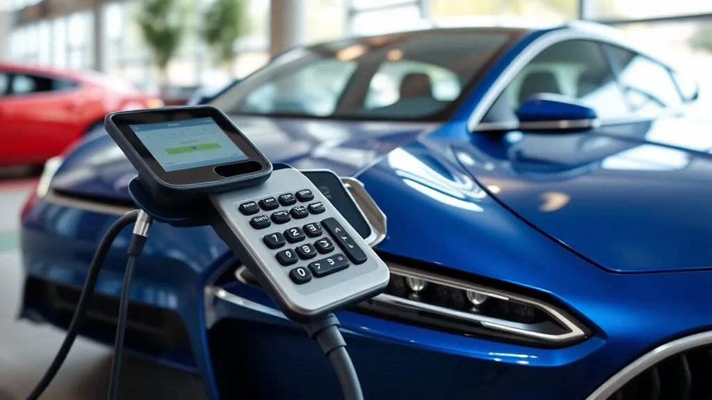 Calculadora financeira, contrato de financiamento e chave de carro elétrico sobre mesa