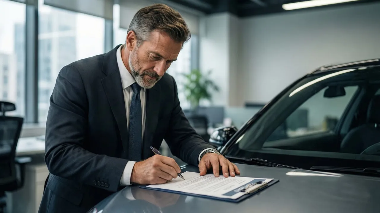 Executivo assinando contrato de arrendamento de veículo em escritório, com carro elétrico visível pela janela