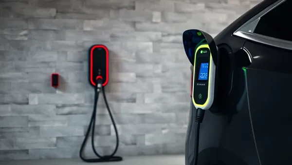 Wallbox de recarga residencial instalado em garagem com carro elétrico conectado