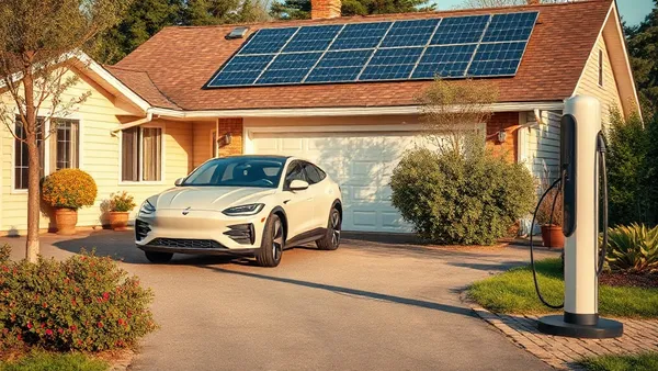 Painéis solares no telhado de uma casa com carro elétrico carregando na garagem durante o dia