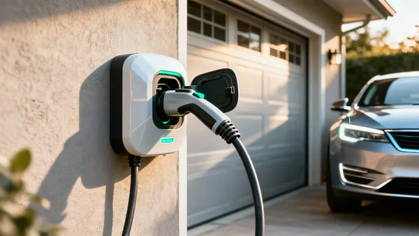 Carro elétrico estacionado em garagem residencial com cabo de recarga conectado a carregador de parede