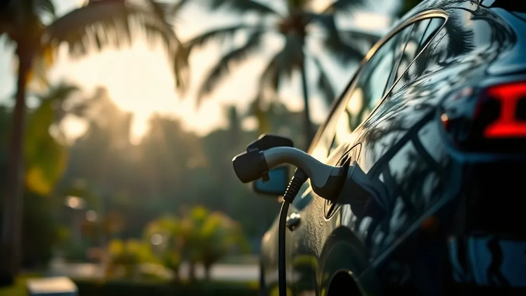 Carro elétrico conectado a carregador em dia quente no Brasil com ar-condicionado ligado