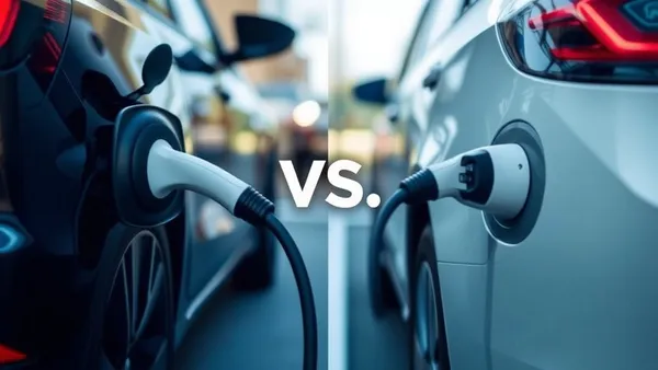 Comparativo visual entre carro elétrico e carro a GNV em posto de abastecimento urbano