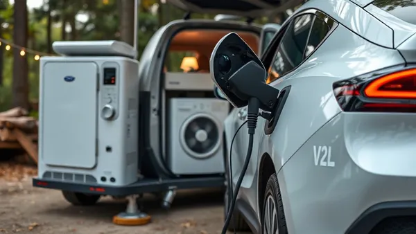 Carro elétrico conectado via V2L alimentando geladeira e luminárias em residência brasileira
