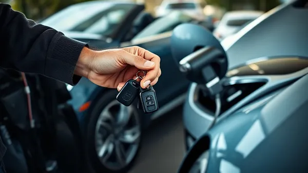 Pessoa segurando chave de carro entre um carro a gasolina e um carro elétrico