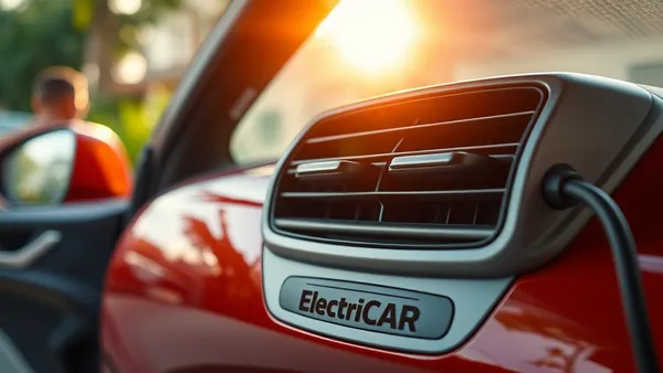 Interior de carro elétrico com painel de controle de ar-condicionado aceso em dia quente