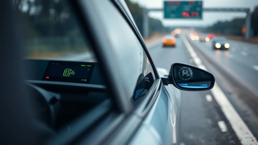 Carro elétrico parado no acostamento de uma rodovia brasileira com a luz de alerta de bateria baixa acesa no painel