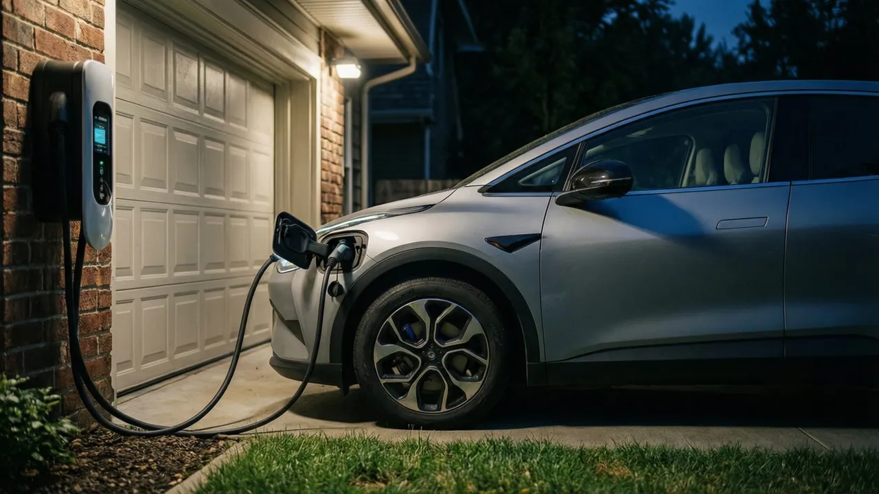 Carro elétrico conectado a carregador residencial numa garagem à noite
