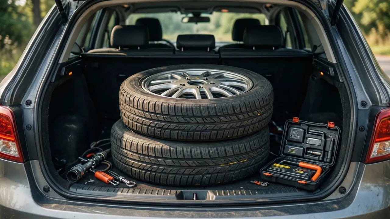 Kit de reparo de pneu com selante e compressor dentro do porta-malas de um carro elétrico