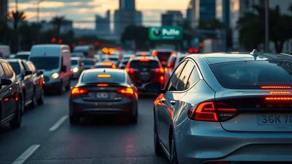 Carro elétrico compacto parado em congestionamento urbano de fim de tarde no Brasil com fila de veículos