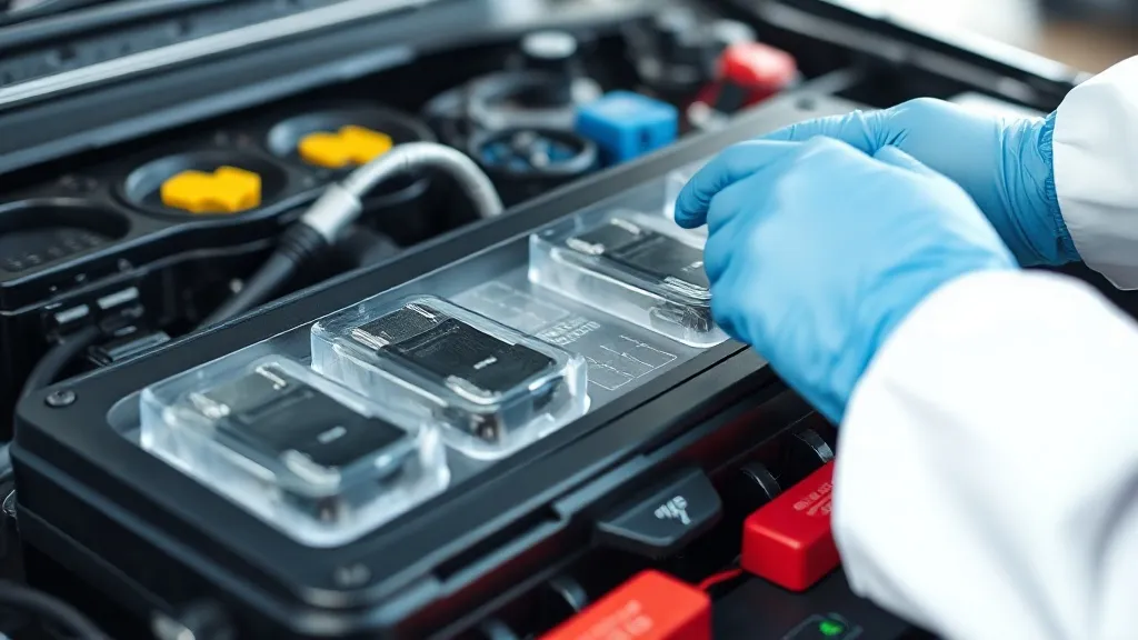 Pacote de bateria de carro elétrico com células de lítio expostas durante diagnóstico