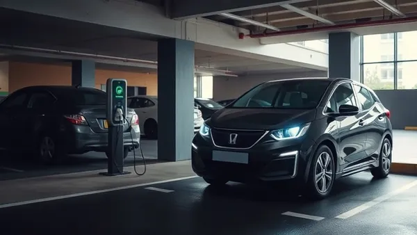 Carro elétrico carregando em vaga de garagem de edifício com wallbox instalado na parede