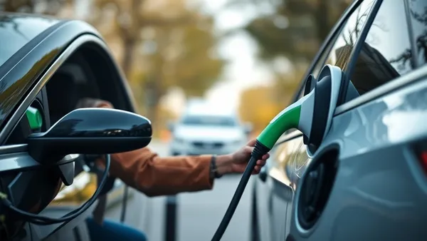 Motorista de app carregando carro elétrico em eletroposto urbano durante o dia