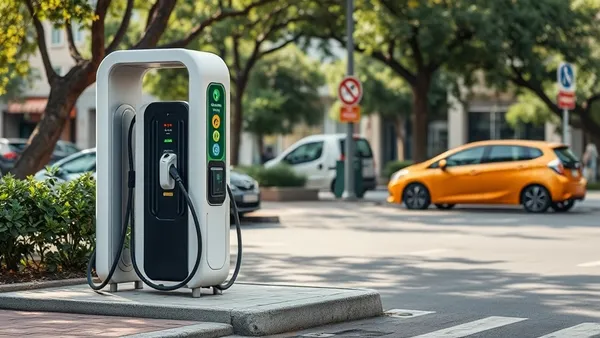 Carro elétrico compacto conectado a wallbox residencial em garagem de apartamento urbano no Brasil