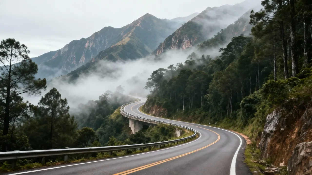 Rodovia sinuosa de serra descendo em meio à mata e à neblina