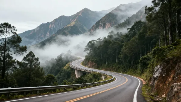 Rodovia sinuosa de serra descendo em meio à mata e à neblina