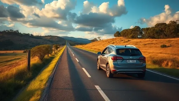 Carro elétrico moderno rodando em rodovia com paisagem de interior brasileiro ao fundo, céu azul e vegetação cerrado