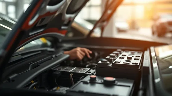 Técnico inspecionando pacote de bateria de carro elétrico em oficina autorizada no Brasil