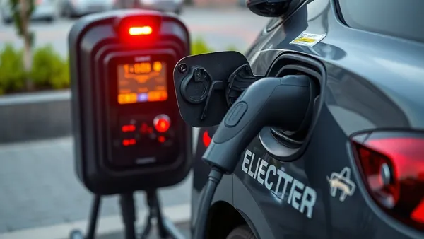 Carro elétrico conectado a carregador rápido em estação de recarga, com sistema de gestão térmica da bateria em operação