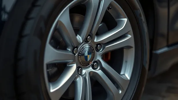 Detalhe de roda de liga leve em carro elétrico, mostrando pneu de baixo perfil