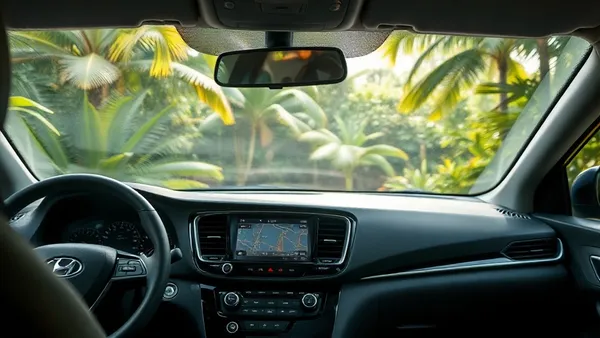 Painel interior de carro híbrido com controle climático ativado e indicador de consumo de energia no display
