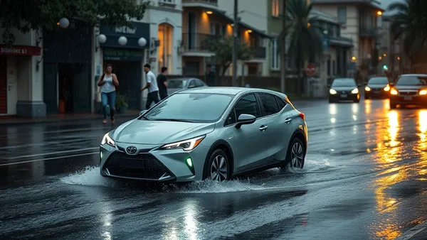 Carro híbrido em rua alagada com nível de água na altura dos soleiros, sob chuva intensa em cidade brasileira