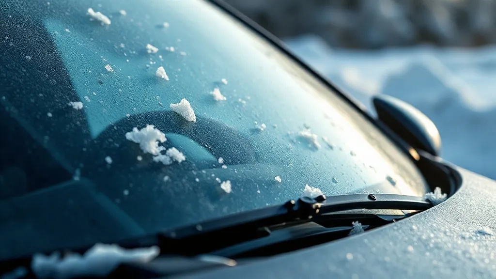 Para-brisa de carro coberto de geada numa manhã fria de inverno