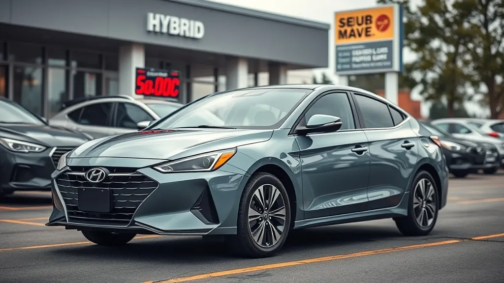 Carro híbrido seminovo exposto em pátio de revenda brasileiro com placa de anúncio à venda