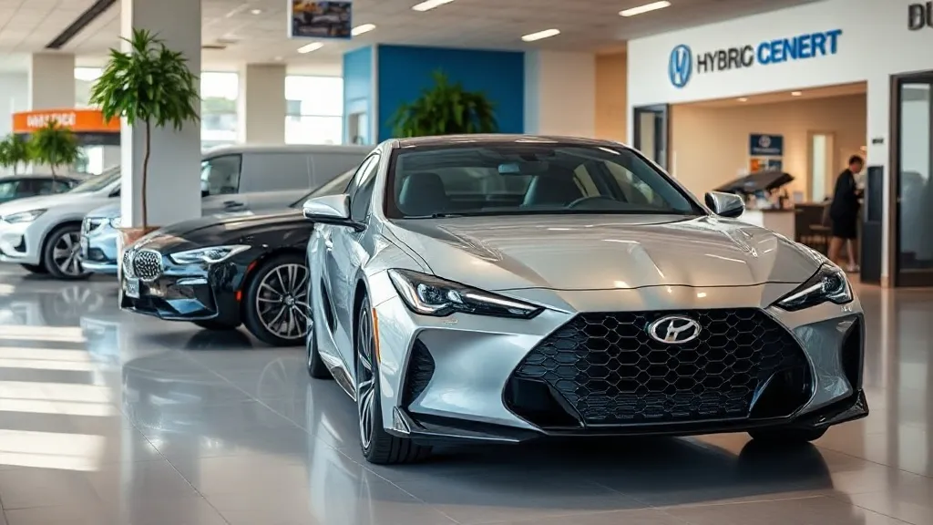 Interior de concessionária com carro híbrido em destaque e contrato de financiamento sobre mesa