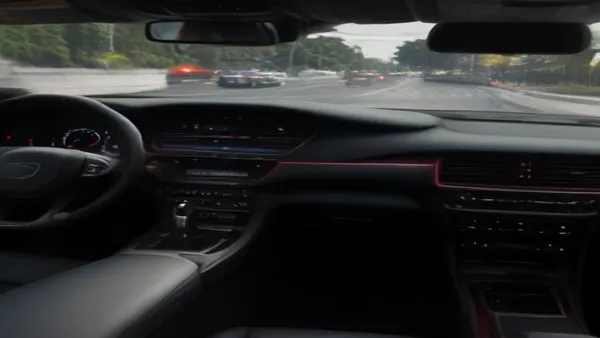 Painel de carro híbrido parado em semáforo urbano com motor a combustão ativo e display de energia visível