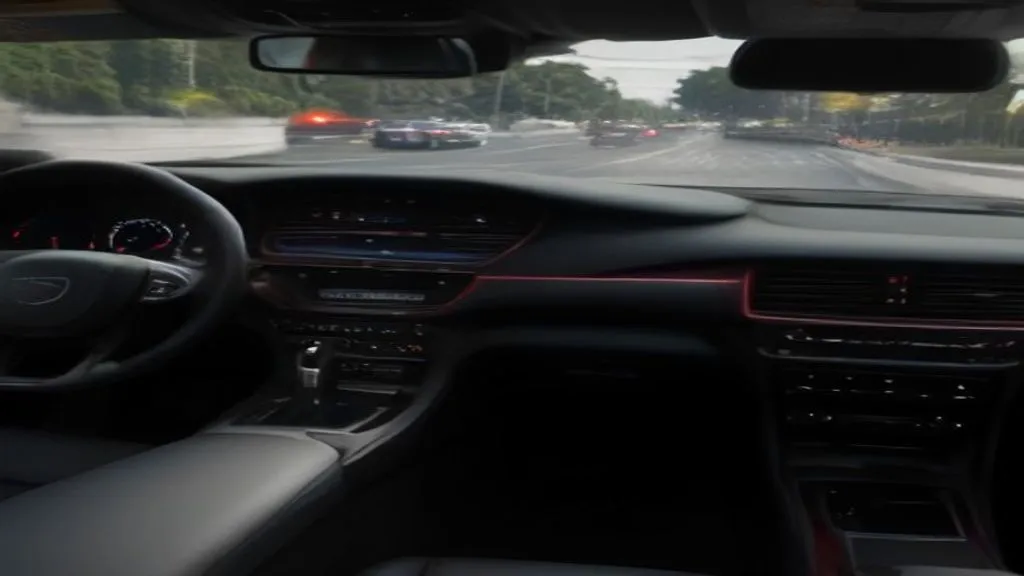 Painel de carro híbrido parado em semáforo urbano com motor a combustão ativo e display de energia visível