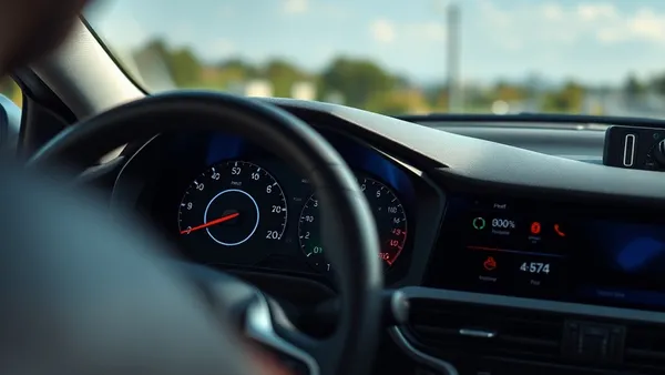 Painel de SUV híbrido mostrando indicador de bateria e combustível com fundo de estrada brasileira