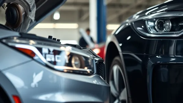 Técnico automotivo inspecionando motor híbrido em concessionária com ferramentas sobre capô aberto