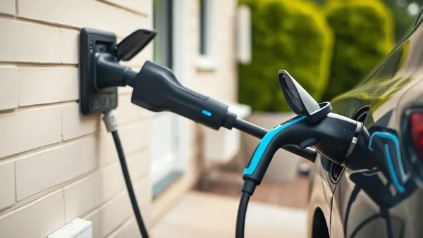 Carro híbrido plug-in conectado a tomada residencial em garagem brasileira com cabo de recarga estendido