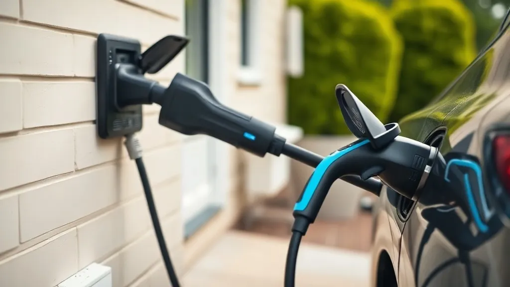 Carro híbrido plug-in conectado a tomada residencial em garagem brasileira com cabo de recarga estendido