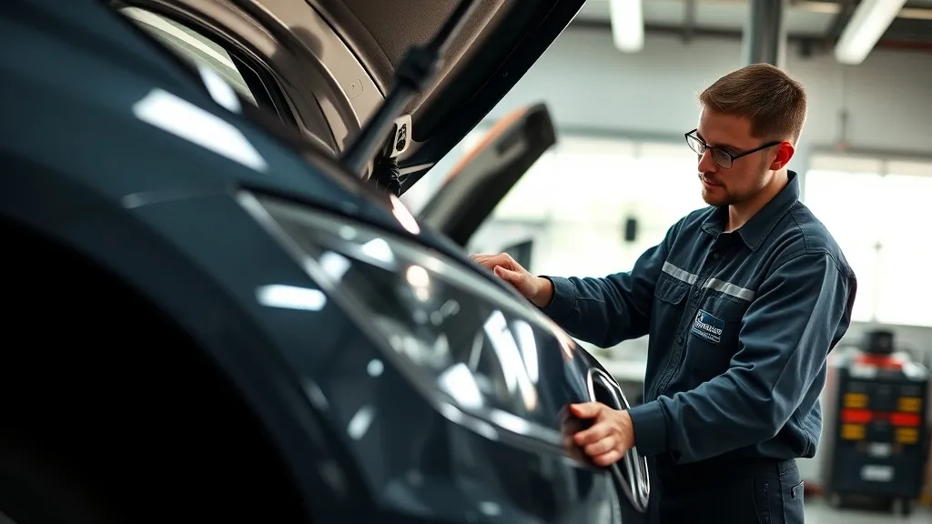 Mecânico em oficina independente inspecionando motor de carro híbrido com equipamento de diagnóstico eletrônico