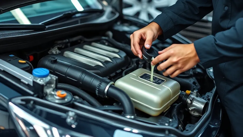 Mecânico realizando troca de óleo em motor de carro híbrido, com reservatório e ferramentas em bancada de oficina