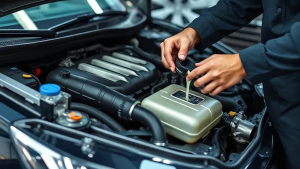 Mecânico realizando troca de óleo em motor de carro híbrido, com reservatório e ferramentas em bancada de oficina