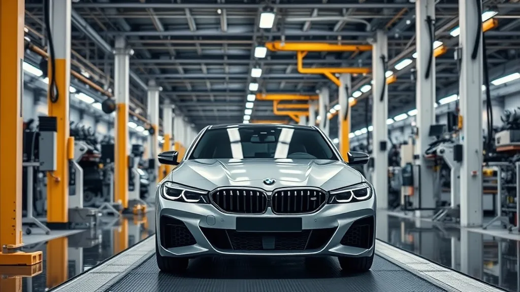 Linha de produção de fábrica da BMW com carros híbridos e elétricos em montagem