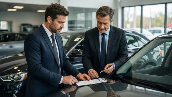Cliente e vendedor avaliando um carro usado no pátio de uma concessionária